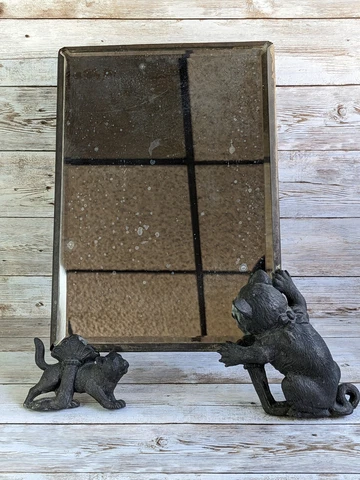 Antique Victorian Cast Metal Mirror Frame Cat Looking At Reflection Beveled Cover