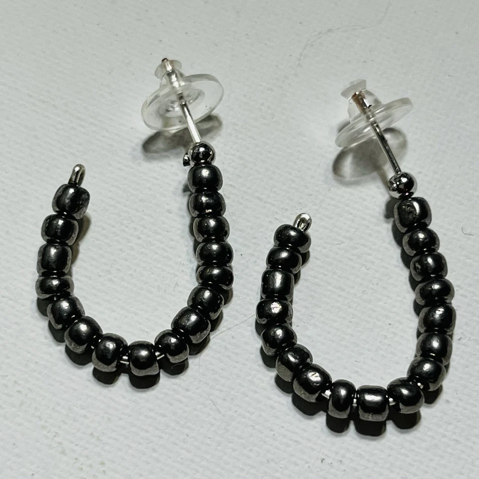 Pewter Colored Glass Beaded Hoop Earrings with Hypoallergenic Backings - Image 1 of 1