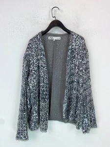 Zara Silver Sequin Embellished Open Cardigan Long Sleeve Party Evening M - Picture 1 of 8