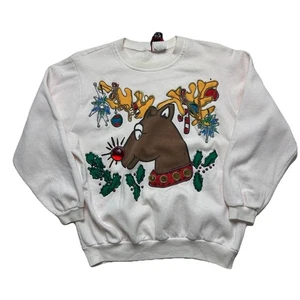 Vintage Rudolph The Red Nosed Reindeer Christmas Sweater Grandma White Sz S - Picture 1 of 4
