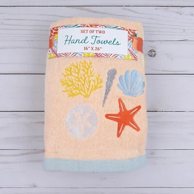 Guest Bath Hand Towel Set of 2 Shells Coral Summer Stripe - Image 1 of 2