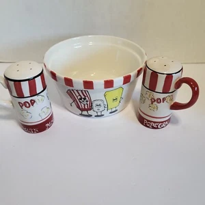 Vintage Popcorn Bowl Kitchen Prep 101 Popcorn Bowl & 2 Shakers Red, White - Picture 1 of 14