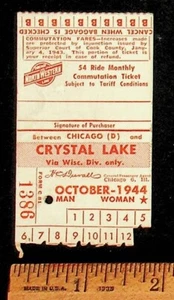 OCTOBER 1944 CHICAGO & NORTH WESTERN CRYSTAL LAKE MONTHLY TICKET - JJ-88 - Picture 1 of 5