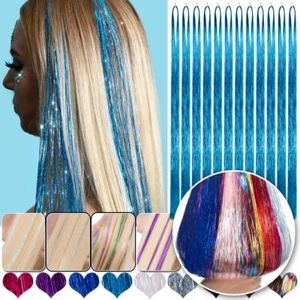2400 Strands Holographic Sparkle Glitter Tinsel Hair Extensions Highlights Party - Picture 1 of 24