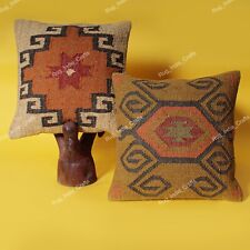 Set Of 2 Wool Jute Handmade Throw Pillow Cover 18"x18" Kilim Rug Cushion Case