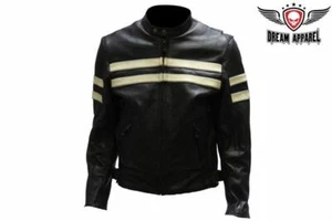 Men's Soft Leather Jacket With 2 Silver Reflector Stripes Front & Back Air Vents - Picture 1 of 12