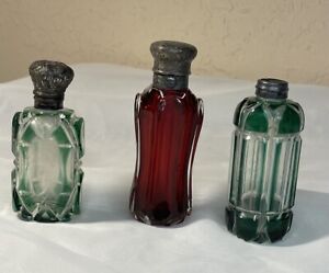 3 Antique Crystal Perfume Bottles~ Green Cut to Clear & Ruby Red STERLING TOPS