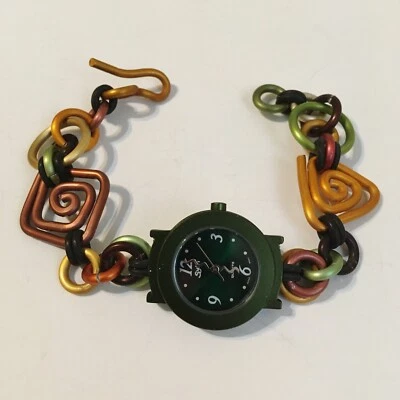 Forest Green Watch Round Faced Handcrafted Aluminum Band Wristwatch Brown Gold - Image 1 of 4