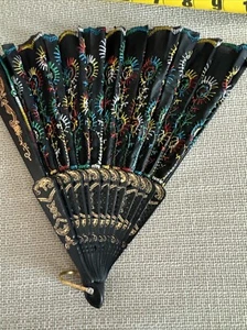 Multi-Colored Embroidered Fabric Folding Handheld Fan Sequins Bridals - Picture 1 of 5