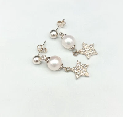 Orecchini donna perla naturale pendente argento bianco 925 stella - Immagine 1 di 4
