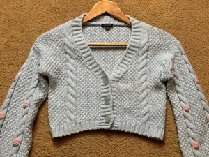 Wild Fable Pale Blue Pink Flower Embroidery Crop Cable Knit Cardigan Sweater S - Picture 1 of 4