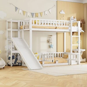 Etagenbett Hochbett Doppel Stockbett 90x200 mit Rausfallschutz und Rutsche, Weiß - Bild 1 von 11