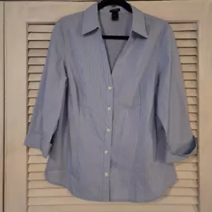 Ann Taylor Blue White Pinatripe Button Up 14 - Picture 1 of 6