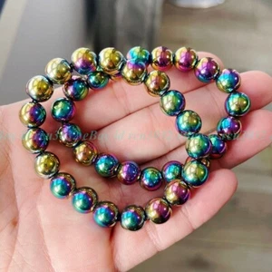 Brazalete de cuentas de piedras preciosas de cristal de bismuto arco iris natural genuino de 10 mm 2 piezas 7,5" - Imagen 1 de 4