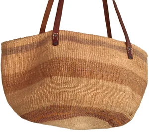 VINTAGE AFRIKANISCHE KIONDO TASCHE LEDERRIEMEN GEFLOCHTENES SISAL MARKTTASCHE HOBO FLECKEN REPARATUR - Bild 1 von 24