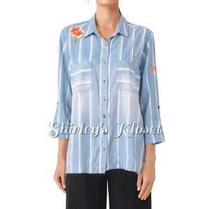 ALI MILES Blue Striped Chambray Tencel Denim Tunic Embroidered 3/4 Roll Tab L - Picture 1 of 16