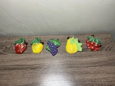 Vintage Chalkware Fruit Wall Hanging Set Of 5 Pear Grapes Cherries Apples #2 - Image 1 of 4