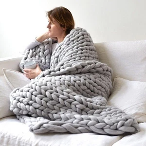 Chunky Knitted Thick Blanket Winter Warm Hand Yarn Merino Bulky Throw Sofa Knit - Picture 1 of 11