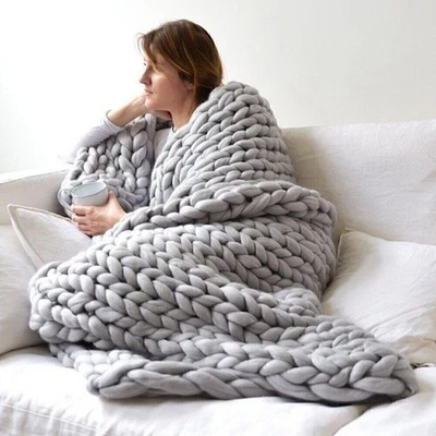 Chunky Knitted Thick Blanket Winter Warm Hand Yarn Merino Bulky Throw Sofa Knit - Image 1 of 4