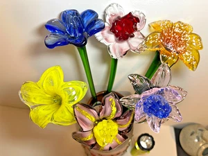 Juego de 6 flores de vidrio multicolor de tallo largo de 19" - vidrio soplado a mano de Murano #29 - Imagen 1 de 22