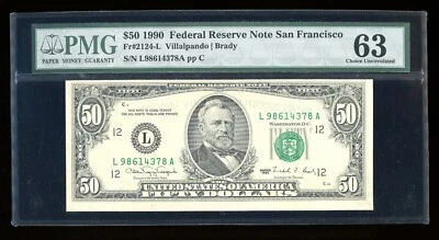 DBR 1990 $50 FRN San Francisco Fr. 2124-L PMG 63 Serial L98614378A - Image 1 of 2