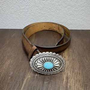Ariat Western Belt Womens Leather Oval Turquoise Stone Conch Buckle Brown Size M - Picture 1 of 7