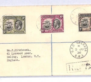 GRENADA KGV Cover Registered GPO 6d 3d 1d SHIPS Ealing SAILING {samwells}YD258 - Picture 1 of 9