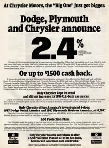 Anuncio impreso vintage 1986 en Chrysler Motors, Dodge Plymouth Chrysler anuncio 2,4 % - Imagen 1 de 2
