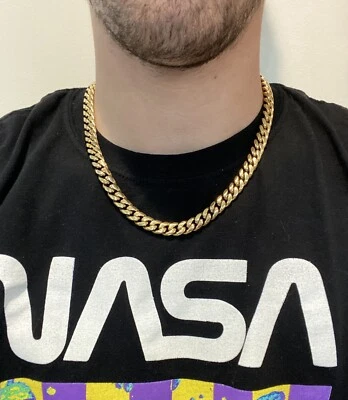 Gargantilla de hombre Miami Cuban Link de 10 mm 20" real sólido oro 14k Vermeil acero inoxidable Foto 1 de 4