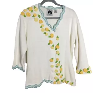 Storybook Knits L Cardigan Sweater Yellow Roses Flowers 3D Crochet Cottage BOHO - Picture 1 of 6