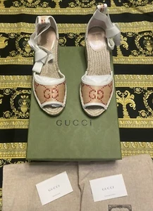 NEW GUCCI SHOES RAFFIA WEDGE ESPADRILLES WRAP AROUND G LOGO SANDALS $740 G 37 - Picture 1 of 8