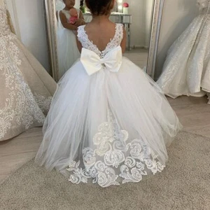 White Ivory Flower Girl Dresses V Neck Bridesmaid with Bow Lace Appqulies Tulle - Picture 1 of 119