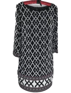 Bedrucktes schwarzes Etuikleid 3/4 Arm U-Boot-Ausschnitt knielang INC Damen Gr. S - Bild 1 von 10