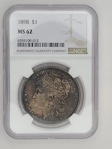 UNC 1898 US 1 Morgan Dollar Silver Coin - Beautiful Toning - NGC MS-62 - KM# 110 - Picture 1 of 6