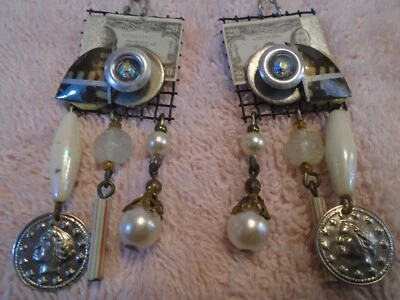 VINTAGE Handmade Earrings White Beads Silver Hook  - Image 1 of 3