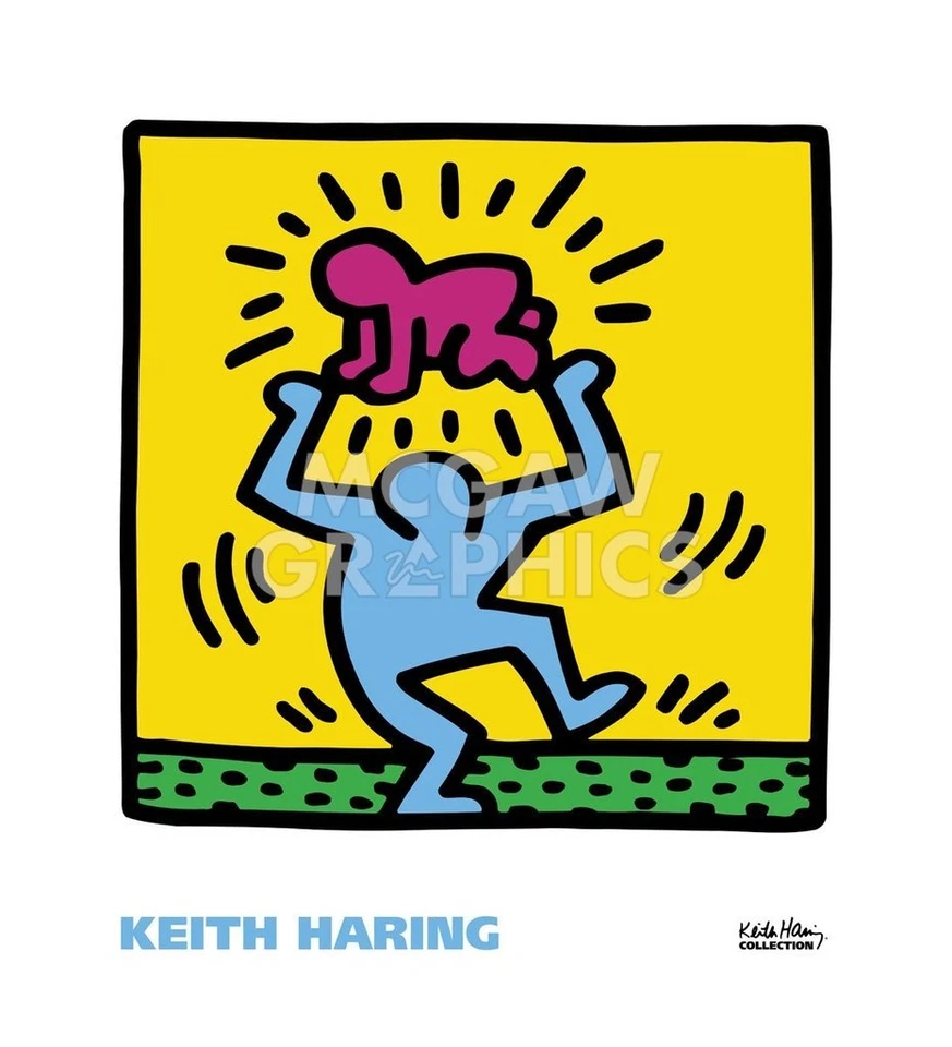IMPRESIÓN DE ARTE POP - KH09 por Keith Haring 22x20 bailando con bebé sobre la cabeza póster Foto 1 de 4