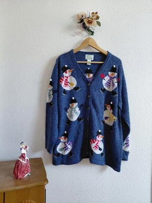 Vtg The Quacker Factory Cardigan Cotton/Ramie Sweater Womens 1X Snowman Bells  - Image 1 of 4