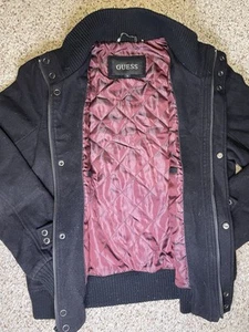 GUESS Wool Bomber Red Lined Jacket Coat Black Men's Size Medium Minor FLAWS - Picture 1 of 12