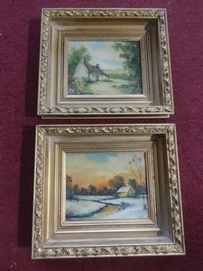 Par de pinturas al óleo impresionistas vintage a bordo paisaje firmadas blanco - Imagen 1 de 12