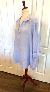 100% Linen Tunic, Size 2-3 X, Baby Blue, V-Neck, Pullover, Roll-Tab, Gorgeous!! - Picture 1 of 9
