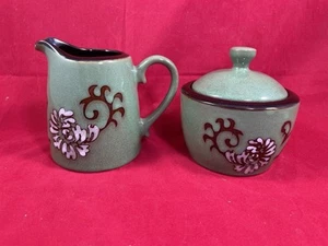 Sugar Creamer Set stoneware Nature's Home Asian Floral Pattern Green/Brown - Picture 1 of 8