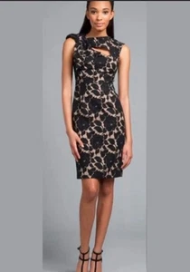 Tracy Reese Black Nude Lace Bow Shoulder Cocktail Shift Dress 91PI97 Size 4 Knee - Picture 1 of 7