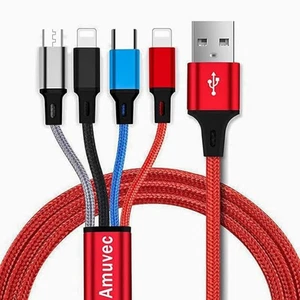 4-in-1 Fast Charging Cable 3A USB Nylon Braided Cord for iPhone & Android - Picture 1 of 7