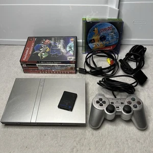 PlayStation 2 PS2 Slim 8 Games Silver Console Dual Shock 2 Lot Tested Works - Picture 1 of 12