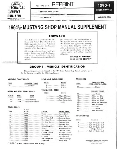 1964 MUSTANG Negozio Manuale Integratore Ford Riparazione Servizio Libro Uso Con - Immagine 1 di 1