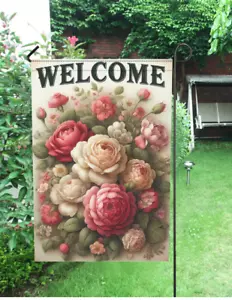 Vintage Victorian Roses Welcome Garden Flag Decor Spring Outdoor USA 12 x 18 - Picture 1 of 3