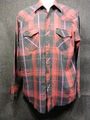 Camisa Rustler roja perla broches de presión grandes (16-1/2 34/35) a cuadros cola larga vintage  Foto 1 de 4