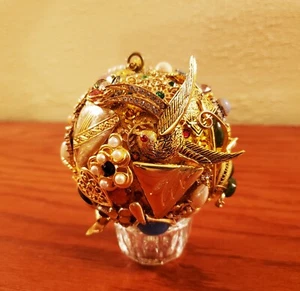 Unique Jeweled Holiday Ornament Bird Floral Christmas Handcrafted Vintage Jewels - Picture 1 of 7