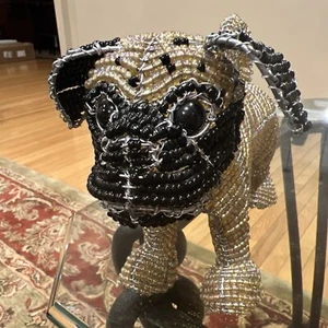 Glass Beads Beaded Wire Bulldog Pug Golden Brown & Black Sculpted Dog Figure - Picture 1 of 5