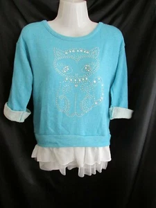 Mädchen KNITWORKS Longbluse/Sweatshirt aquablau verziert Kitty ~ Jr Gr. XL  - Bild 1 von 6